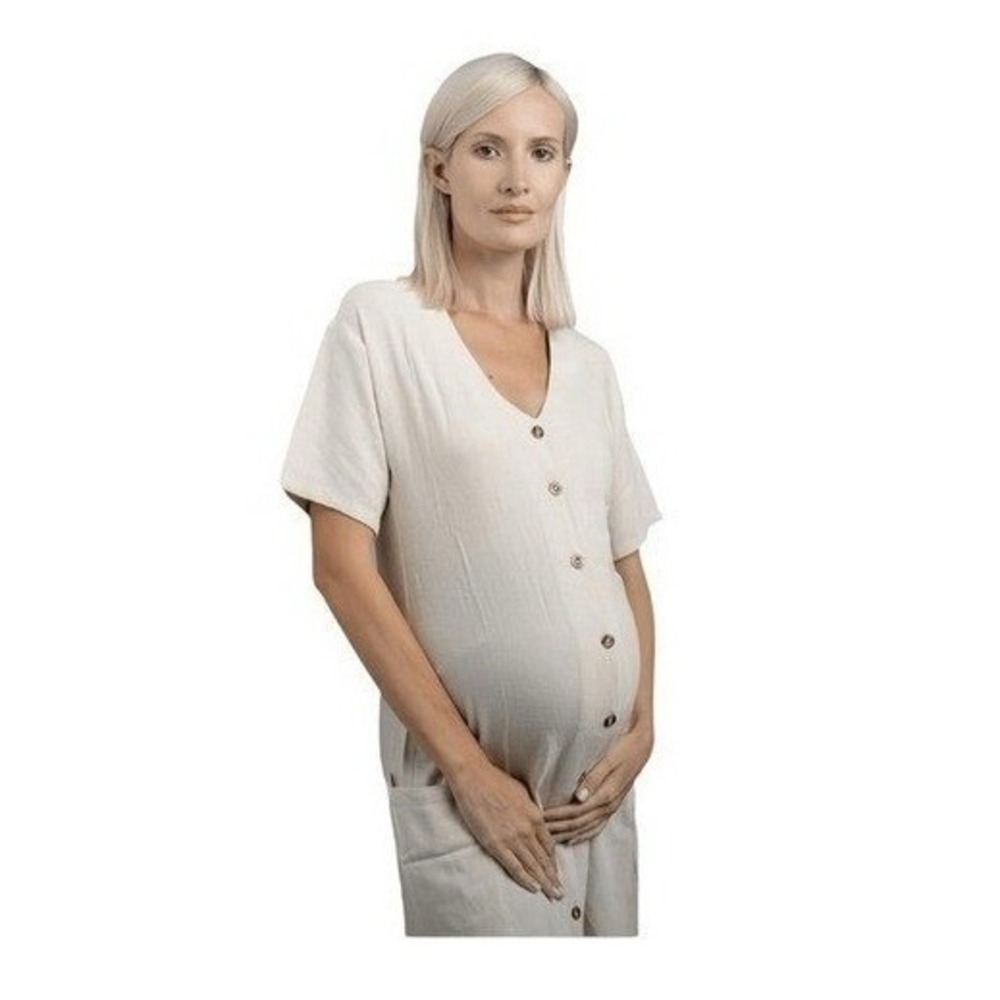 Lola & Luke Maternity Natural Ivory Linen Dress Midi Button Front Short Sleeve C